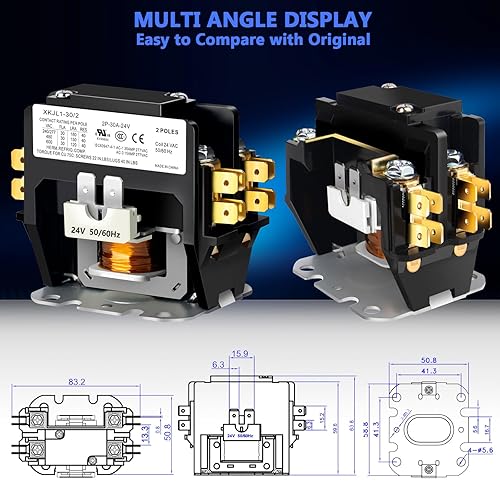 Miniatura 8 de Contactor HVAC, 30 amperios doble polo2 polos Contactor bobina 240V, relé de contactor de CA de repuesto, compatible con contactor de compresor de