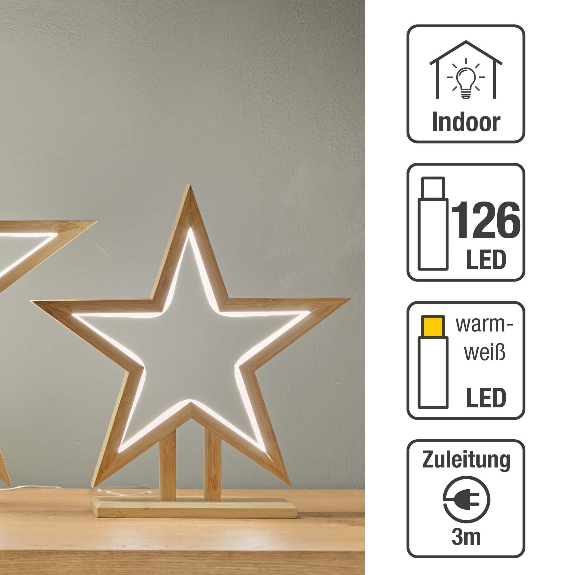 hellum LED Weihnachtsstern mt Lichtschlauch, warmweiß, 35cm, Weihnachtsdeko Innen, Kabel transparent, Bambus holzfarben, Zuleitung 3m, Weihnachtsbeleuchtung Innen 579246