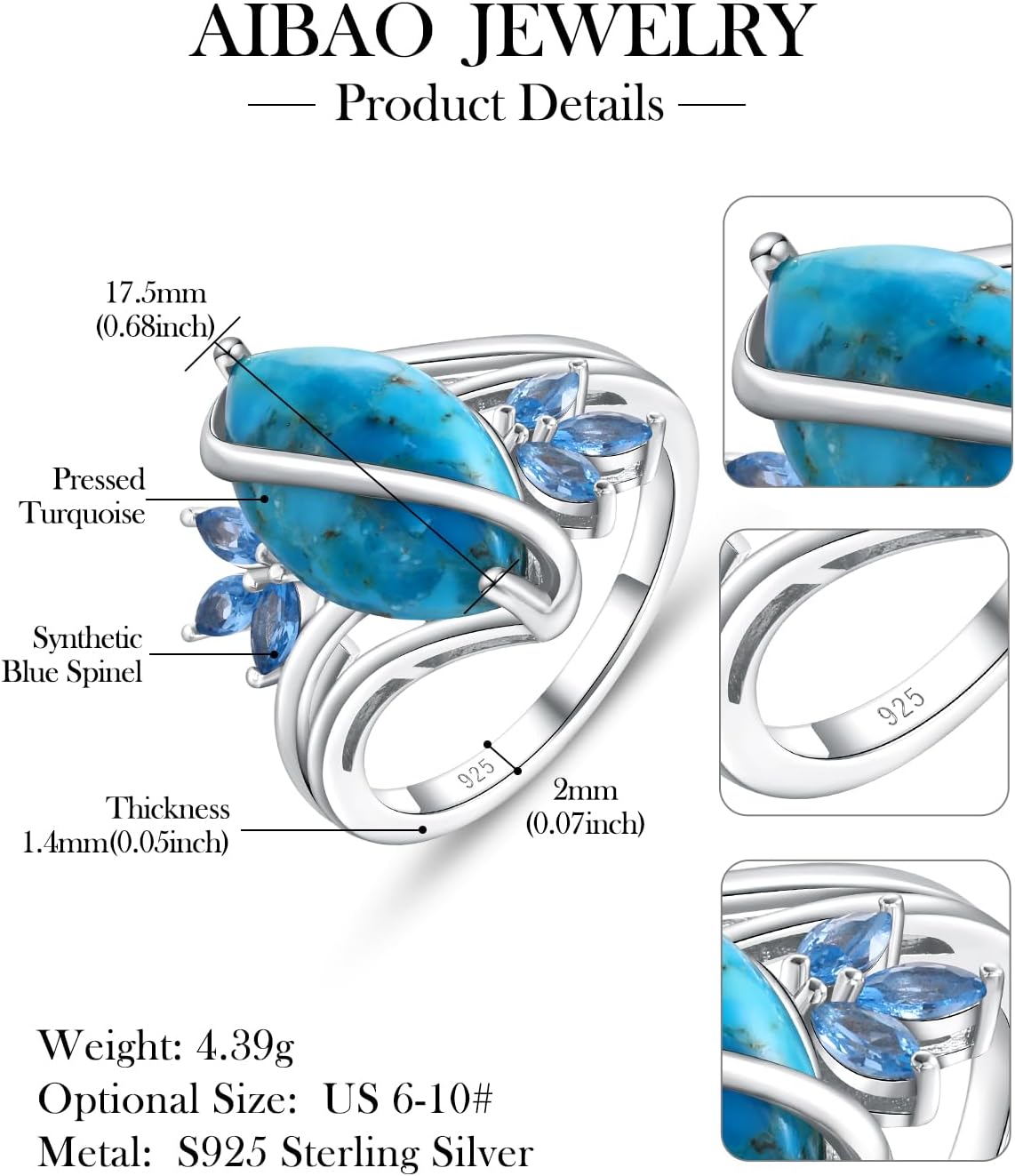 AIBAO Marquise Turquoise/Malachite Engagement Ring for Women Sterling Silver 4-7 Carat Natural Gemstone Cocktail Rings Western Jewelry Size 6 to10