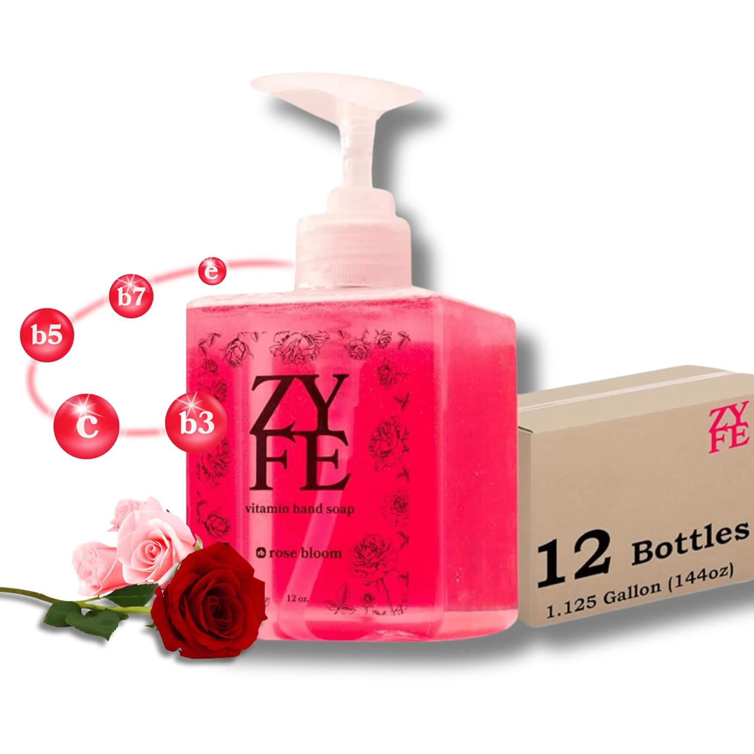 12 Bottle Case of Vitamin Hand Soap - Liquid Hand Soap - Natural Plant Derived Moisturizing Handsoap with Essential Oil Fragrance Rose Bloom - Wholesale Carton