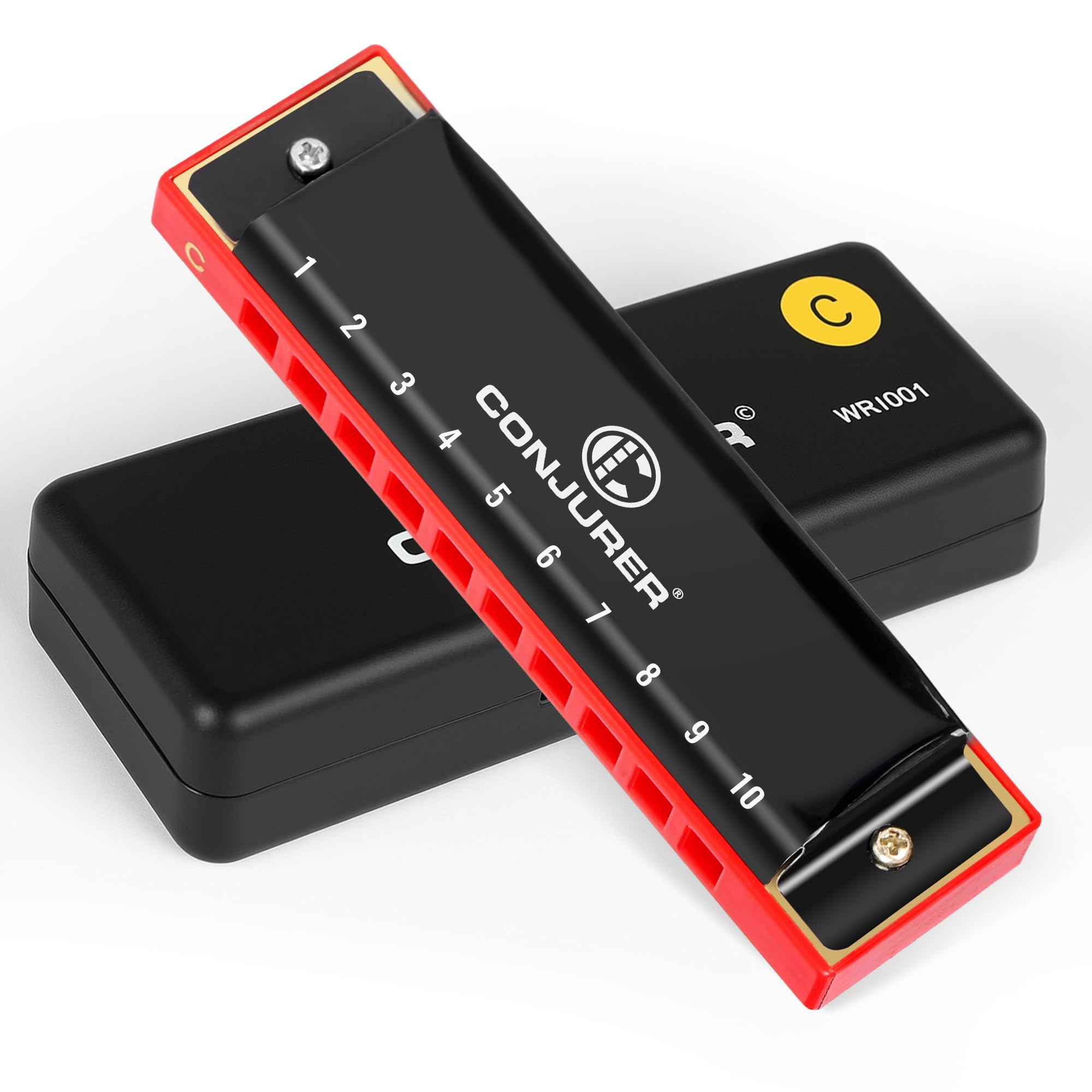 CONJURER Blues Harmonica for Beginners Adult 10 Hole Diatonic Harmonica Key of C, Brass Reed Metal Mouth Organ C Key with Case, Key C Black