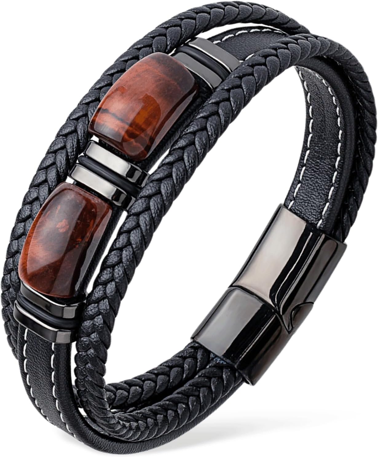 Tiger Eye Bracelet Men Multilayer Black Braided Genuine Leather Bracelet Natural Spiritual Stone Protection Bracelet Courage Jewelry Stress Relief Gift for Men