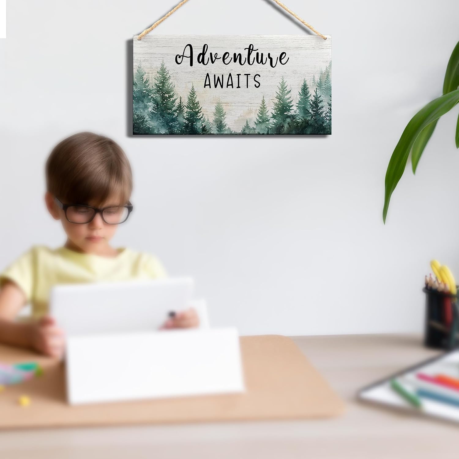Adventure Awaits Sign,Adventure Awaits Woodland Forest Hanging Wall Art,Woodland Nursery Wooden Wall Art Decor, Baby Shower Decorations,Forest Nursery Decor,11.8x5.9 Inch