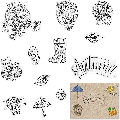 Sello transparente de animales otoñales para hacer tarjetas, calabaza, búho, león, flores, hojas, palabras sentimentales, sello de goma transparente