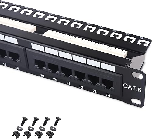 Panel de conexiones Cable Matters de 24 puertos para montaje en rack o en pared de 19 pulgadas con barra de soporte, Panel de conexiones de red Cat6