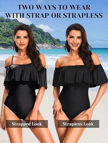 Vista 3 de Tempt Me Traje de baño de una pieza para mujer, estilo clásico, con volantes y hombros descubiertos