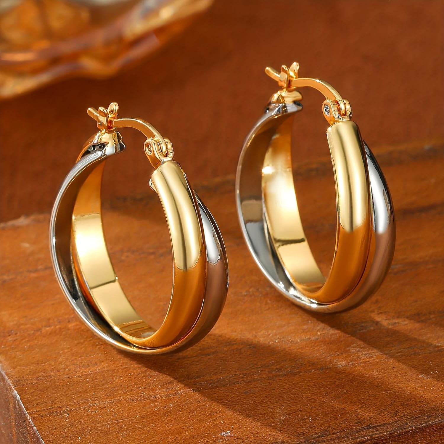 GZQ Two-Tone Gold Silver Hoop Earrings for Women,Chunky Double Hoop Design Fashion Statement Jewelry for Daily Wear Party Dating Gift, Lightweight 11g, 3cm Size - Image 4