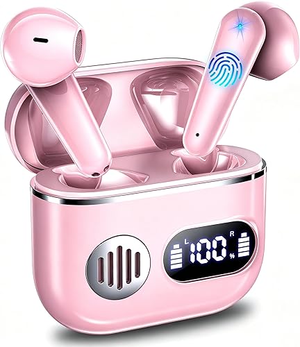 Wireless Earbuds, Sport Bluetooth Headphones 48H Playtime Stereo Earphones with ENC Mic Wireless Earphones In Ear Earbuds with Dual LED Display IPX7 Waterproof for Running Workout Gym Light Pink