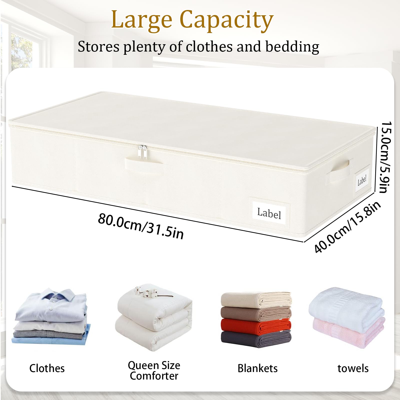 Yawinhe 2 Pezzi Contenitore Sottoletto, Sacchi Portaoggetti Pieghevole Sotto il Letto con coperchio e Maniglie, Utilizzato per Riporre Vestiti, Trapunte, Coperte, 80x40x15cm, Beige