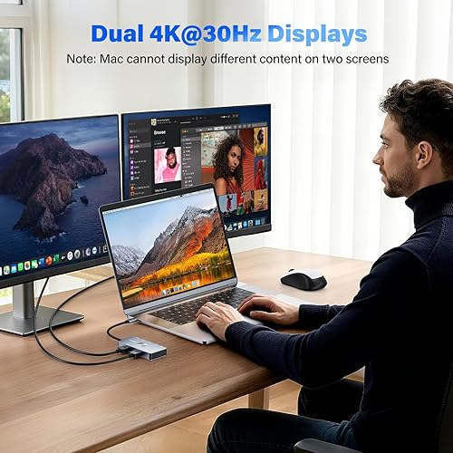 Miniatura 8 de Estación de acoplamiento USB C 7 en 1 con monitor doble, concentrador USB-C con 2 puertos HDMI, 3 USB 3.0, 1 puerto de datos tipo C, 100 W PD,