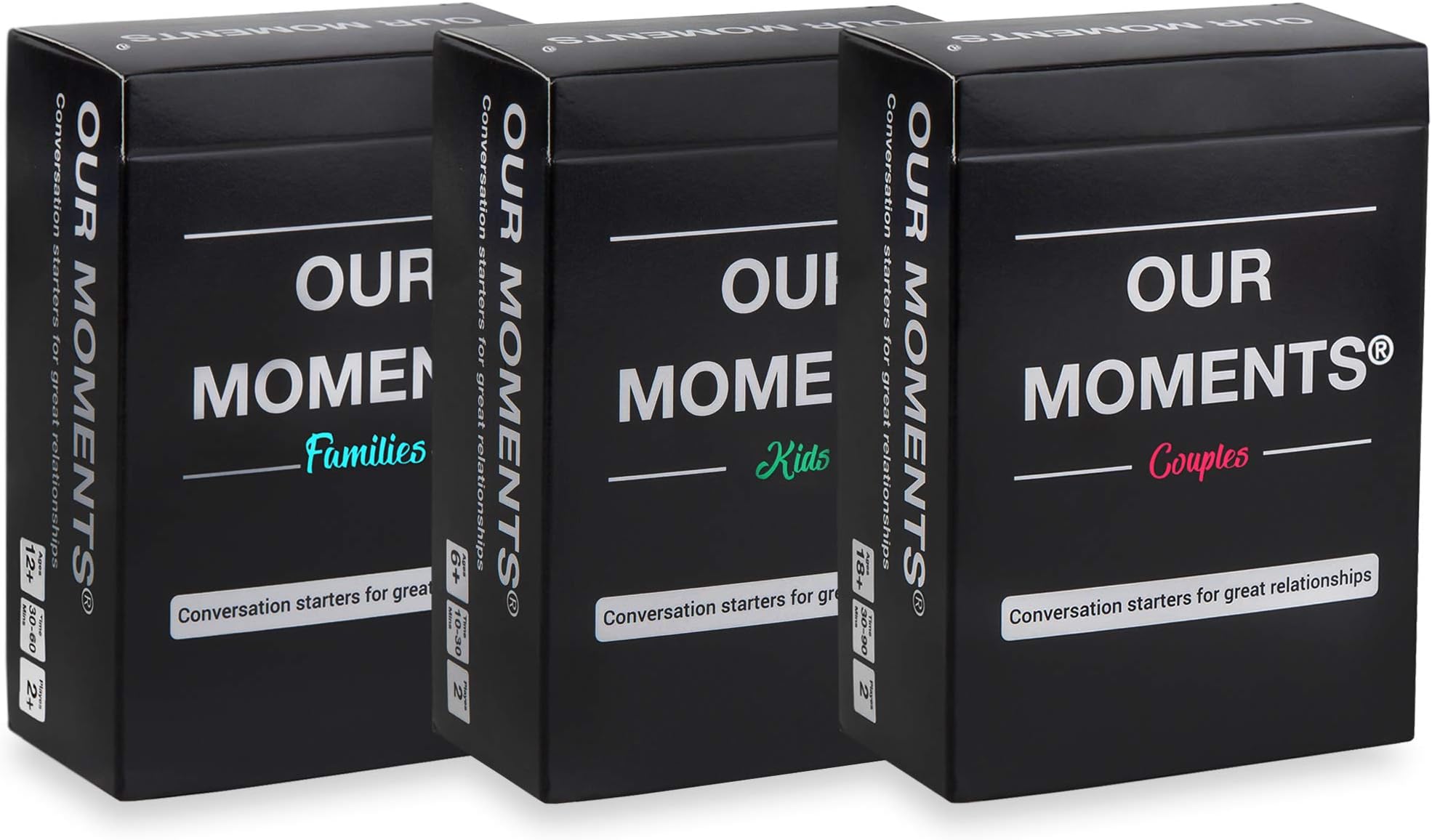 OUR MOMENTS Road-Trip Bundle: 300 Thought Provoking Conversation Starters for Couples, and for Meaningful Families Communication and Relationships Building - (3 Decks: Couples + Kids + Families)