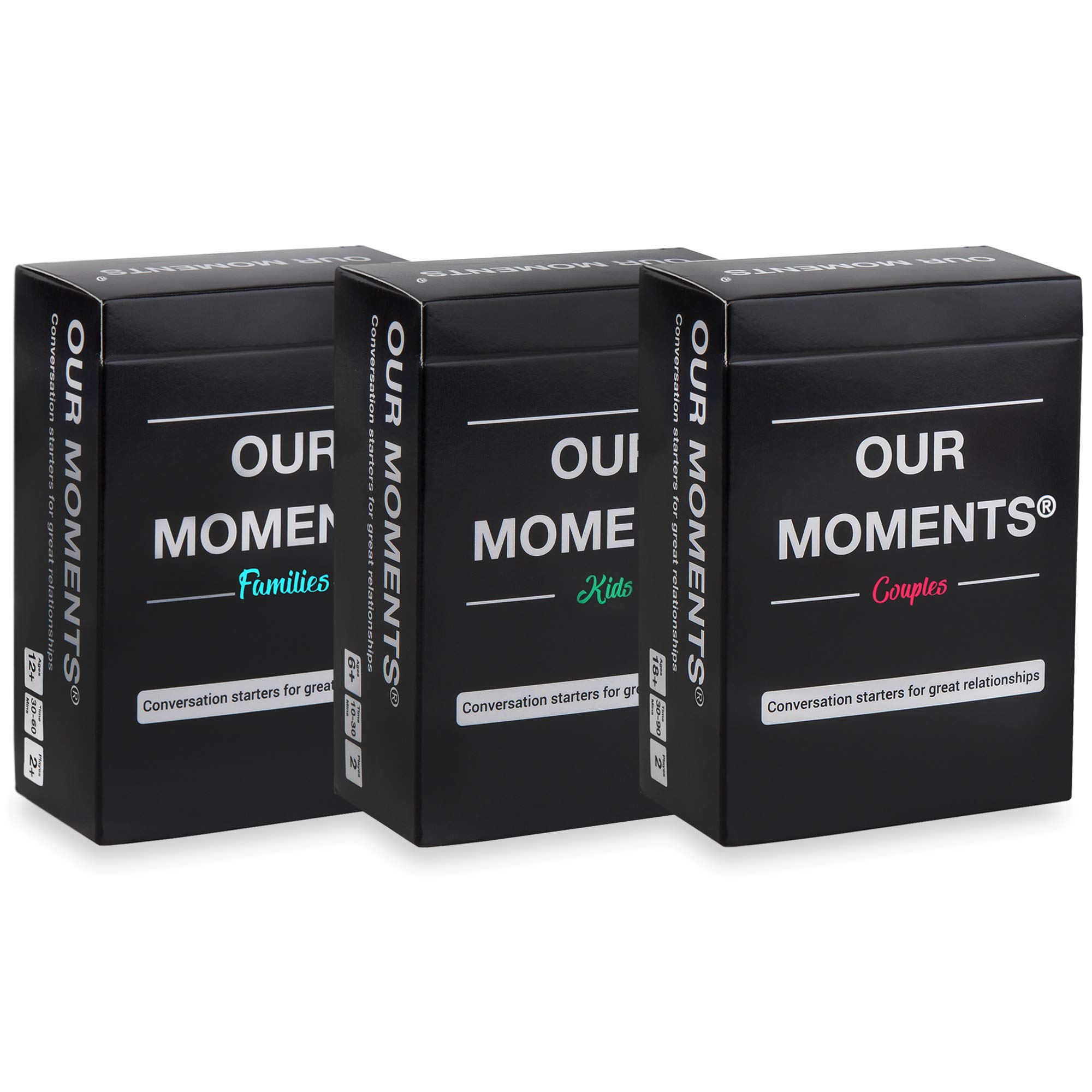 OUR MOMENTS Road-Trip Bundle: 300 Thought Provoking Conversation Starters for Couples, and for Meaningful Families Communication and Relationships Building - (3 Decks: Couples + Kids + Families)