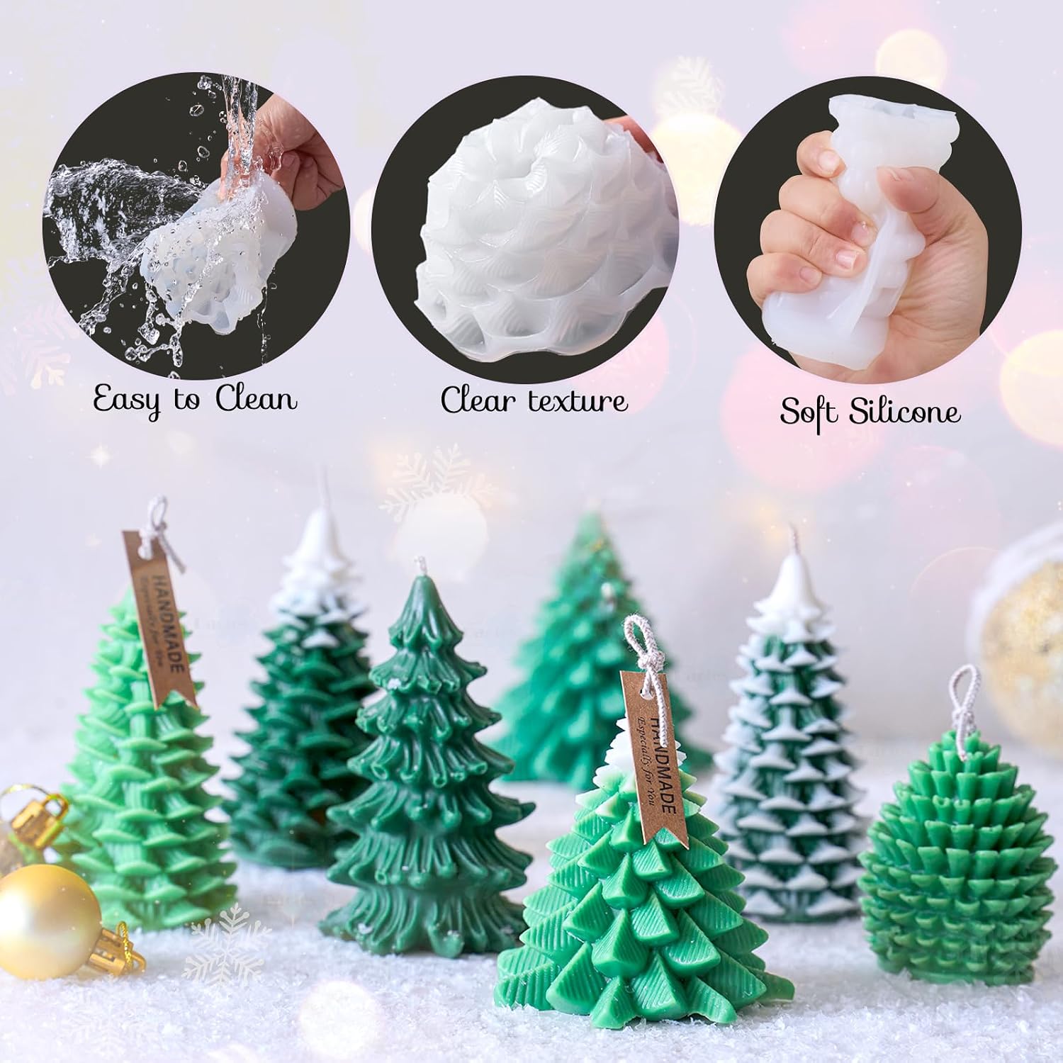 Christmas Silicone molds 5 PCS Christmas Tree Pine Cone Candle Molds for Candle Making Wax Mold 3D Tree Resin Soap Craft Chocolate Ornament Silicone Mold with 10m Candle Rope DIY Xmas Gift Home Decor