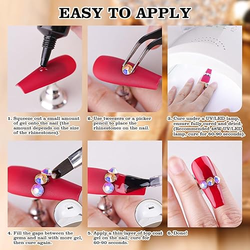 Miniatura 5 de Diamantes de imitación para uñas, kit de manicura con gel de pegamento de diamantes de imitación, piedras preciosas transparentes de vidrio con