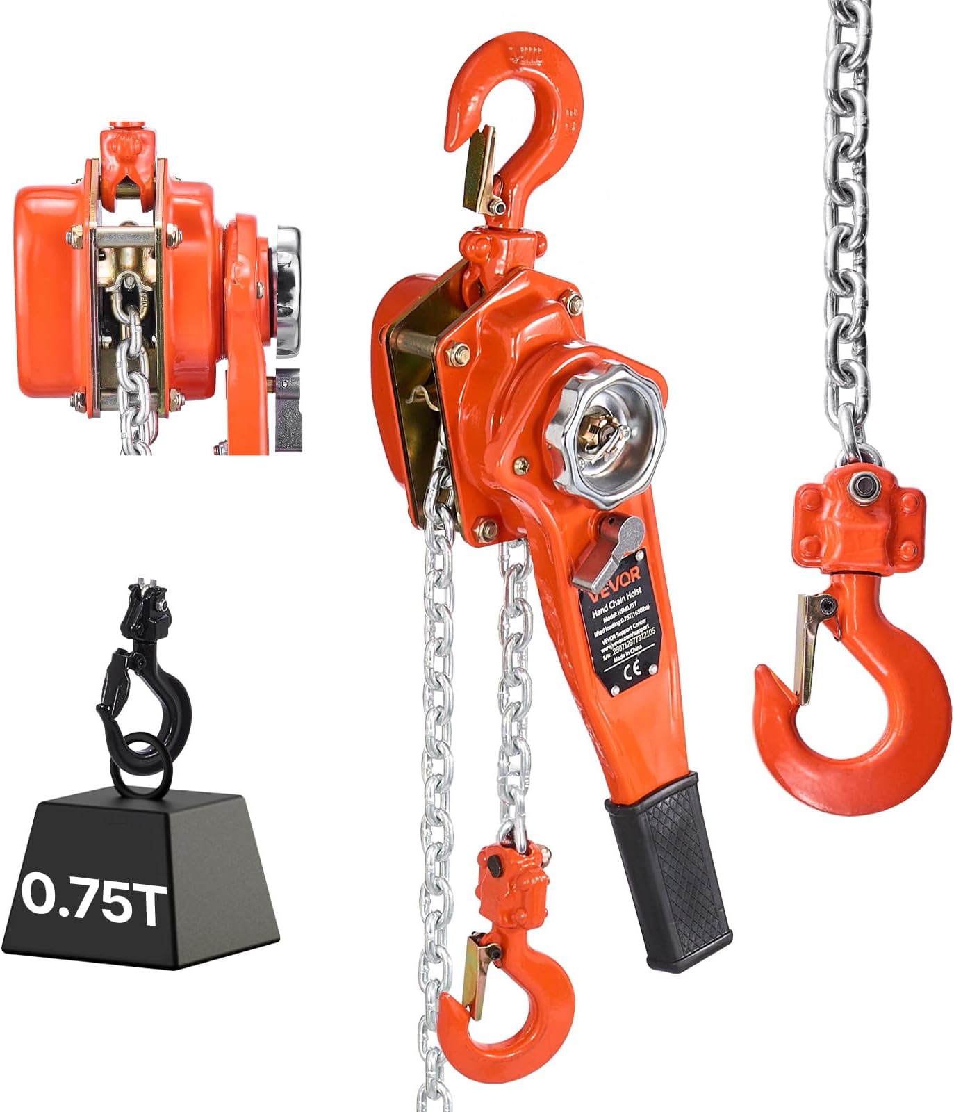 VEVOR Manual Lever Chain Hoist, 3/4T 1650LBS Capacity Heavy Duty Come Along, 20FT Lift G80 Alloy Steel Chain with Dual Pawl Mechanical Brake,360°Rotating Hooks, for Warehouse Construction Garage
