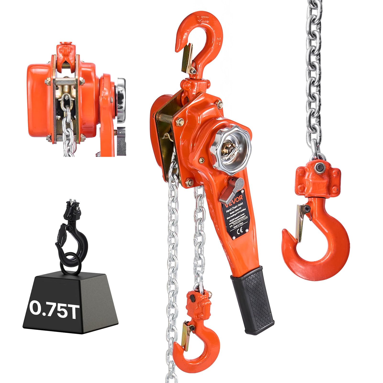 VEVOR Manual Lever Chain Hoist, 3/4T 1650LBS Capacity Heavy Duty Come Along, 20FT Lift G80 Alloy Steel Chain with Dual Pawl Mechanical Brake,360°Rotating Hooks, for Warehouse Construction Garage