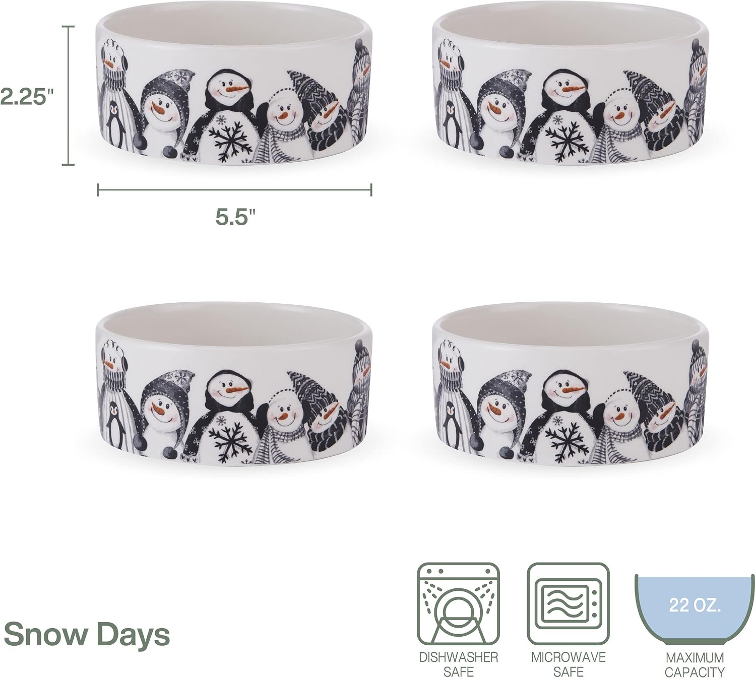 Fitz and Floyd Snow Days Snowman Dessert, Snack, Cereal Bowls, Set Of 4