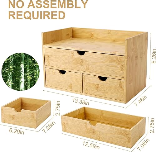 Miniatura 3 de Organizador de escritorio de bambú con 3 cajones con estante, organizador de encimera con cajones, cajón de almacenamiento de maquillaje, 3 cajones,