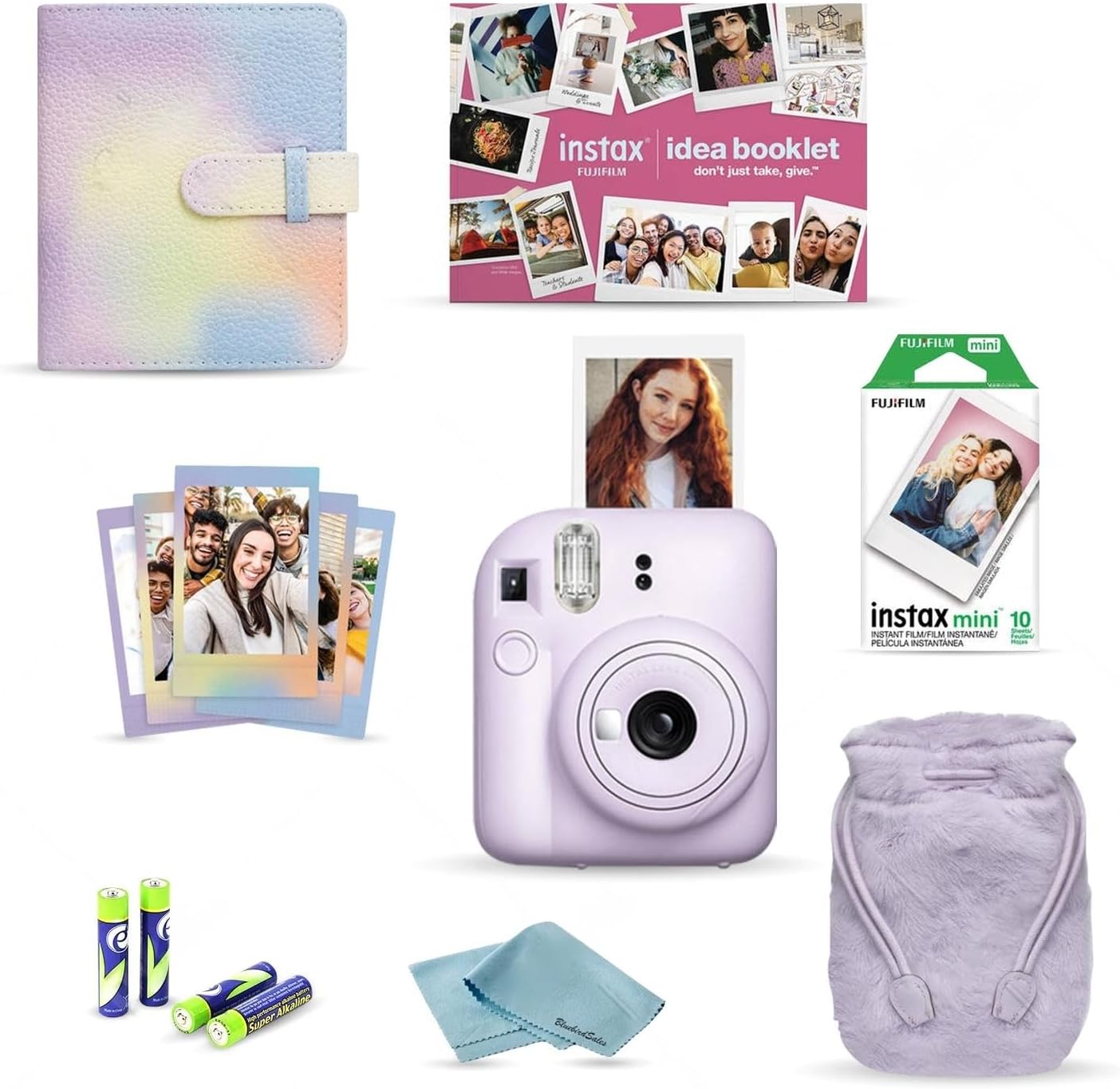 FujiFilm INSTAX Mini 12 (2024) Holiday Bundle + 4 AA Battery Pack + BluebirdSales Microfiber Cleaning Cloth (Lilac Purple)