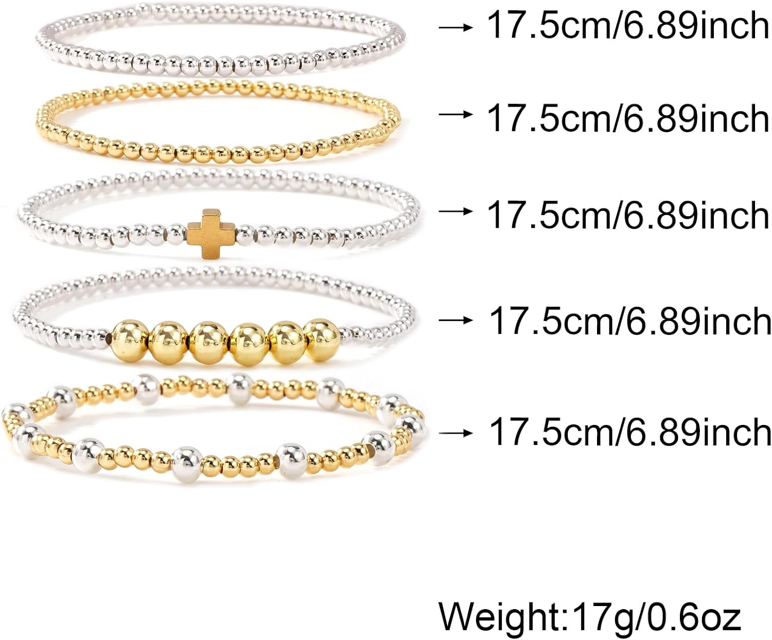 Silver Gold Beaded Bracelets for Women Stackable 14K Gold Plated Beads Ball Cross Bracelet Stack Non Tarnish Elastic Stretch Trendy Jewelry Christian Friendship Christmas Gifts for Women - Image 7