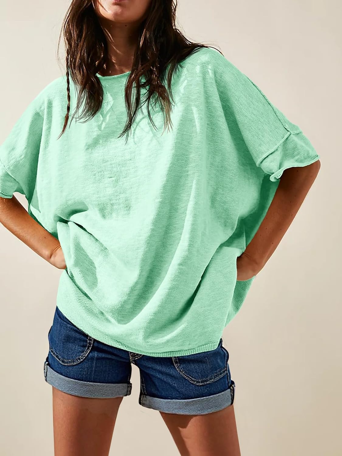 Tankaneo Women's Oversized T Shirts Casual Summer Crew Neck Loose Dropped Short Sleeve Side Slit Hem Blouse Tops Light Green - Image 2