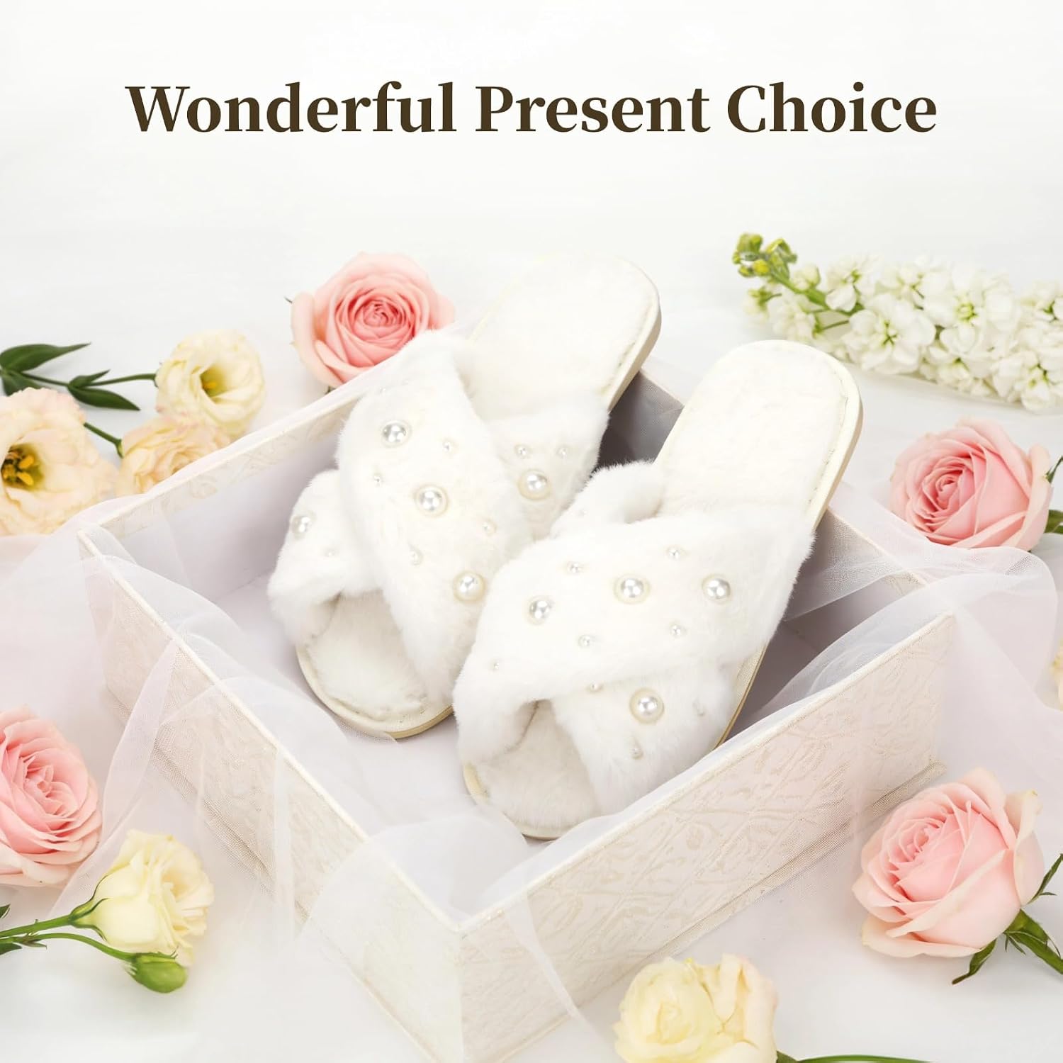 6 Pairs Bride Slippers for Wedding Day, Bridesmaid Slippers, 7-9 Fuzzy Pearl Bridal Slipper Set, Plush Cross Band Design with Non Slip Rubber Sole, Bridal Slippers for Bridal Shower Bachelorette Getting Ready