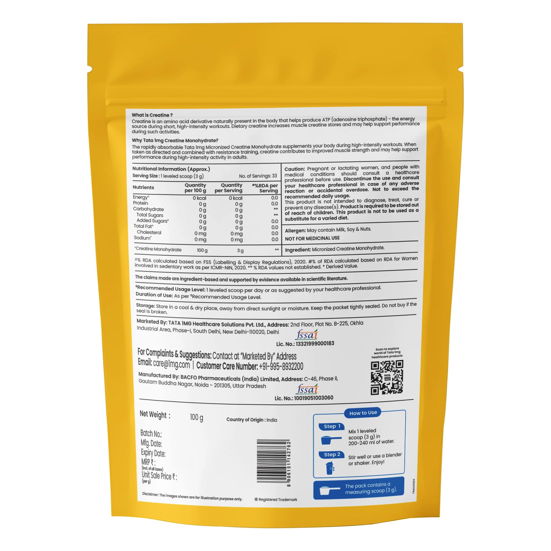 TATA 1MG Creatine Monohydrate| Each Batch tested DCT& DHT Safe | Zero Calories | Boosts Strength, Power & Recovery | Fast Absorption | Unflavoured,100gm — Amazon image 2