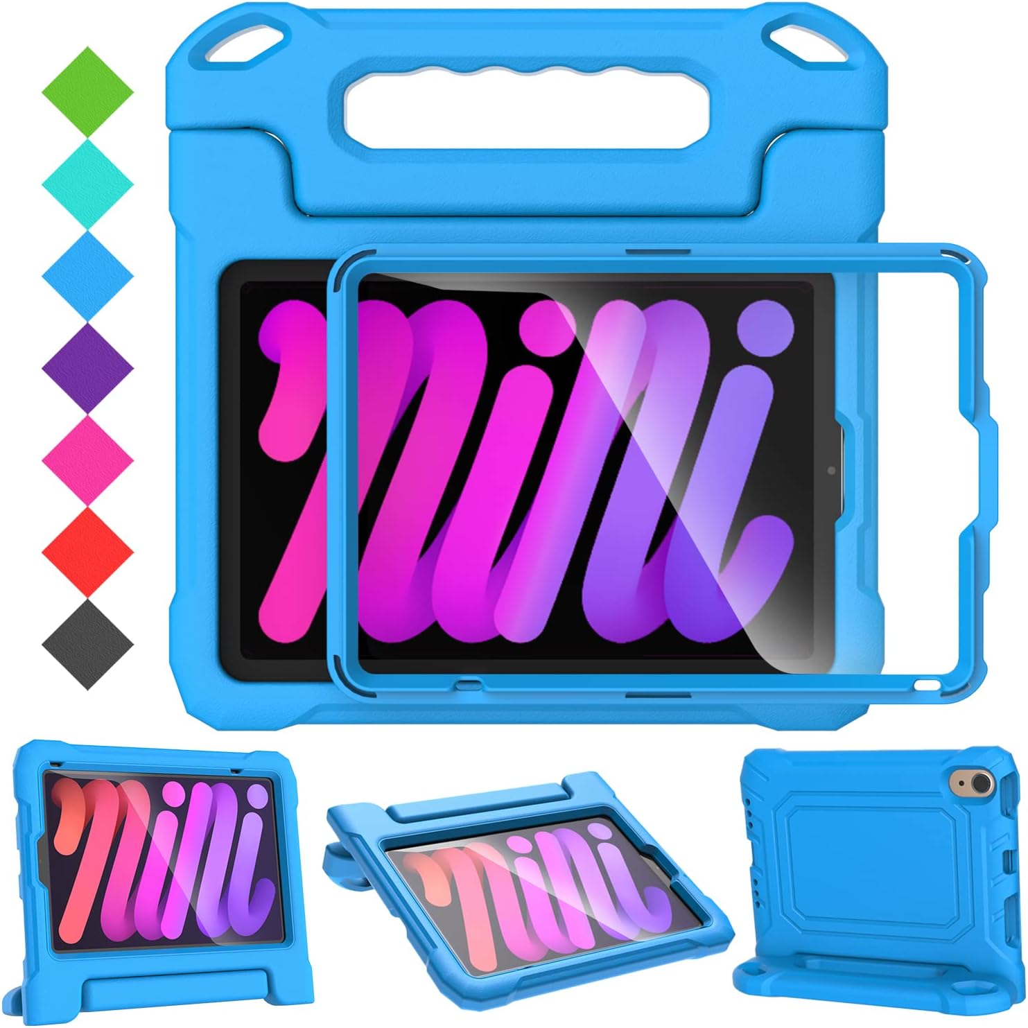 SUPLIK iPad Mini 6 Case for Kids, iPad Mini 6th Generation (8.3 inch 2021) Kids Case - with Screen Protector, Durable Shockproof Protective Cover with Handle Stand for iPad Mini 6th Gen, Blue