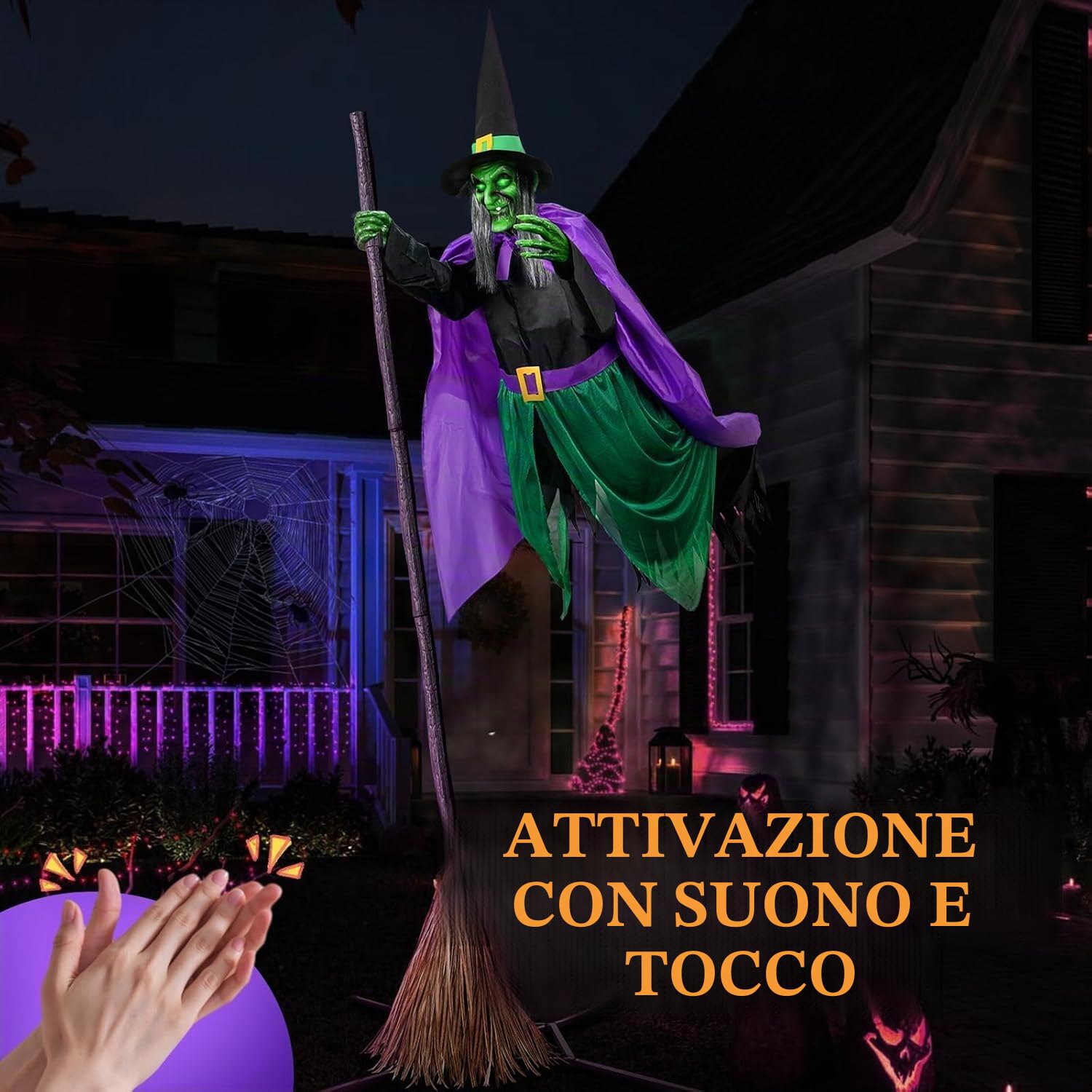 Decorazioni di Halloween per esterni, 200 cm, strega animata in bilico Animatronics, sensore attivato dal suono e dal tocco, oggetti di scena spaventosi per la casa, esterni, giardino, cortile, prato