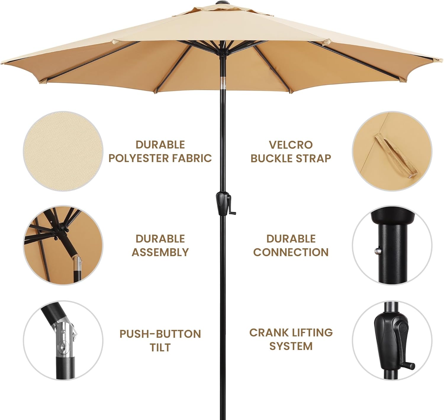 Sun-Ray 9' Round Patio Umbrella with Push-Button Tilt and Hand Crank Lift System, Market Umbrella for Porch, Deck, and Patio