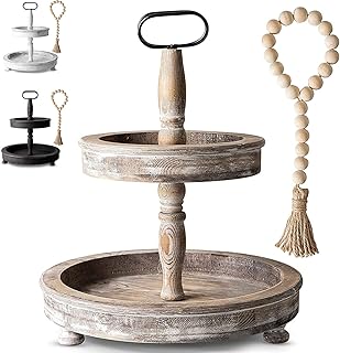 Love At Home Distressed Wood 2 Tiered Tray Decor (15 x 15 x 18.5 Inches) Includes Decorative Wood Bead Garland - Unique Ki...