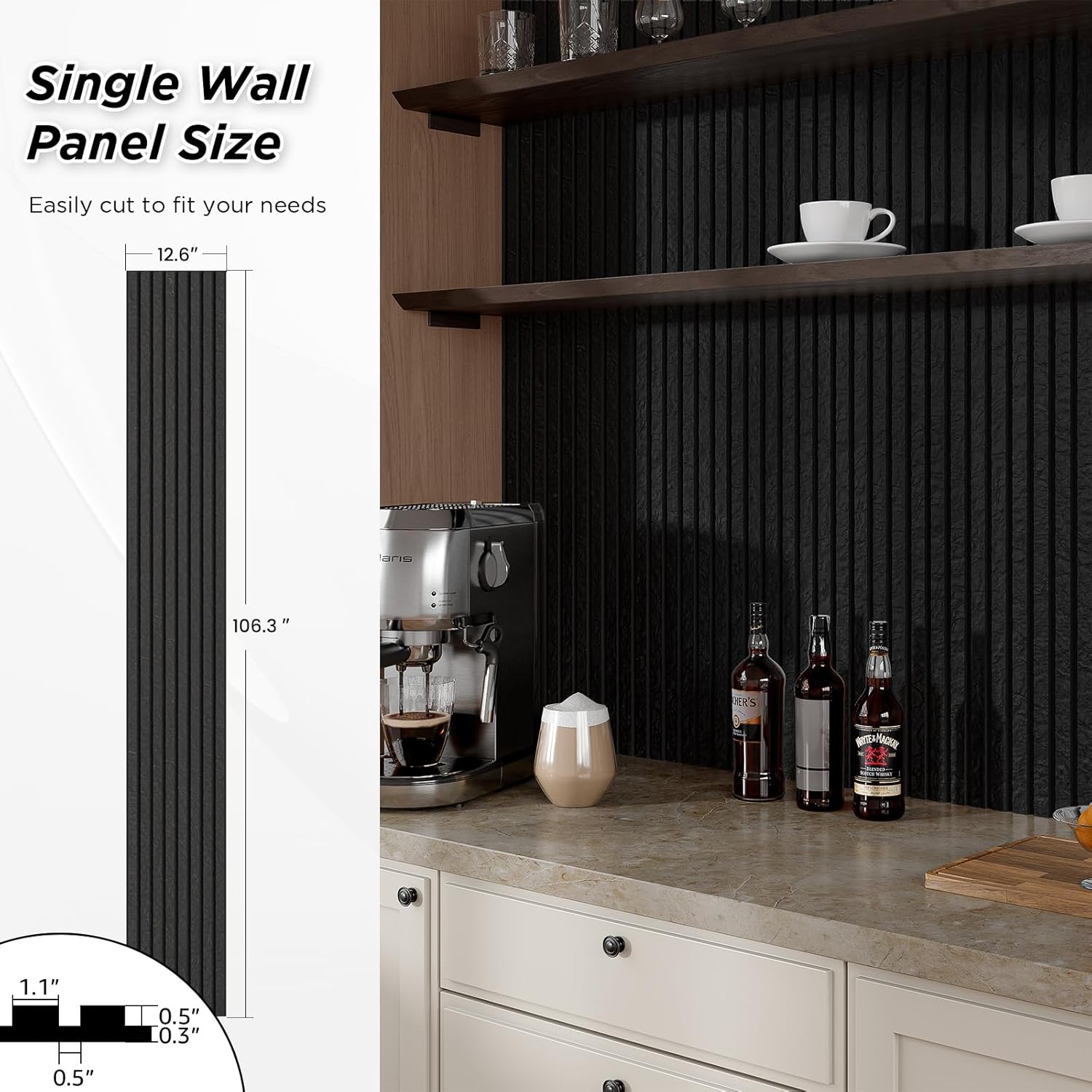 SMARTSTANDARD Acoustic Wall Panels, 4 Piece 106" x 12.6" Soundproof Slat Wall Paneling for Interior Wall Decor, 3D Fluted Acoustic Wall Panel, Black