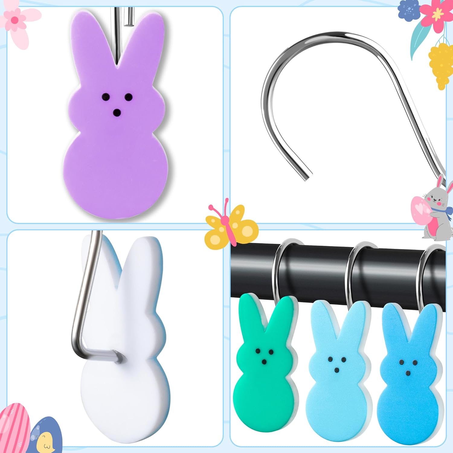 MALLMALL6 12Pcs Easter Peep Bunny Shower Curtain Hooks Metal Rustproof Colorful Cute Rabbit Decorative Pendants for Bathroom Bedroom Living Room Spring Home Decor Accessories Stainless Curtain Rings