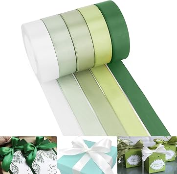 Green Ribbon Set Green Satin Ribbon for Gift Wrapping Assorted Ribbon 1 Inch 125 Yards White Ribbon/Sage Green Ribbon/Mint Green Ribbon/Olive Green Ribbon/Dark Green Ribbon St Pattys Day Decorations