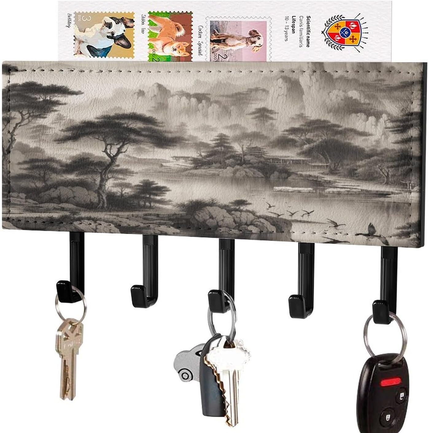 Key Holder Wall Mount Key Hanger with 5 Hooks, Decorative Key Rack | Black And White Landscape Hanging Key Hooks with Mail Organizer for Wall Living Room Kitchen Bathroom Hallway