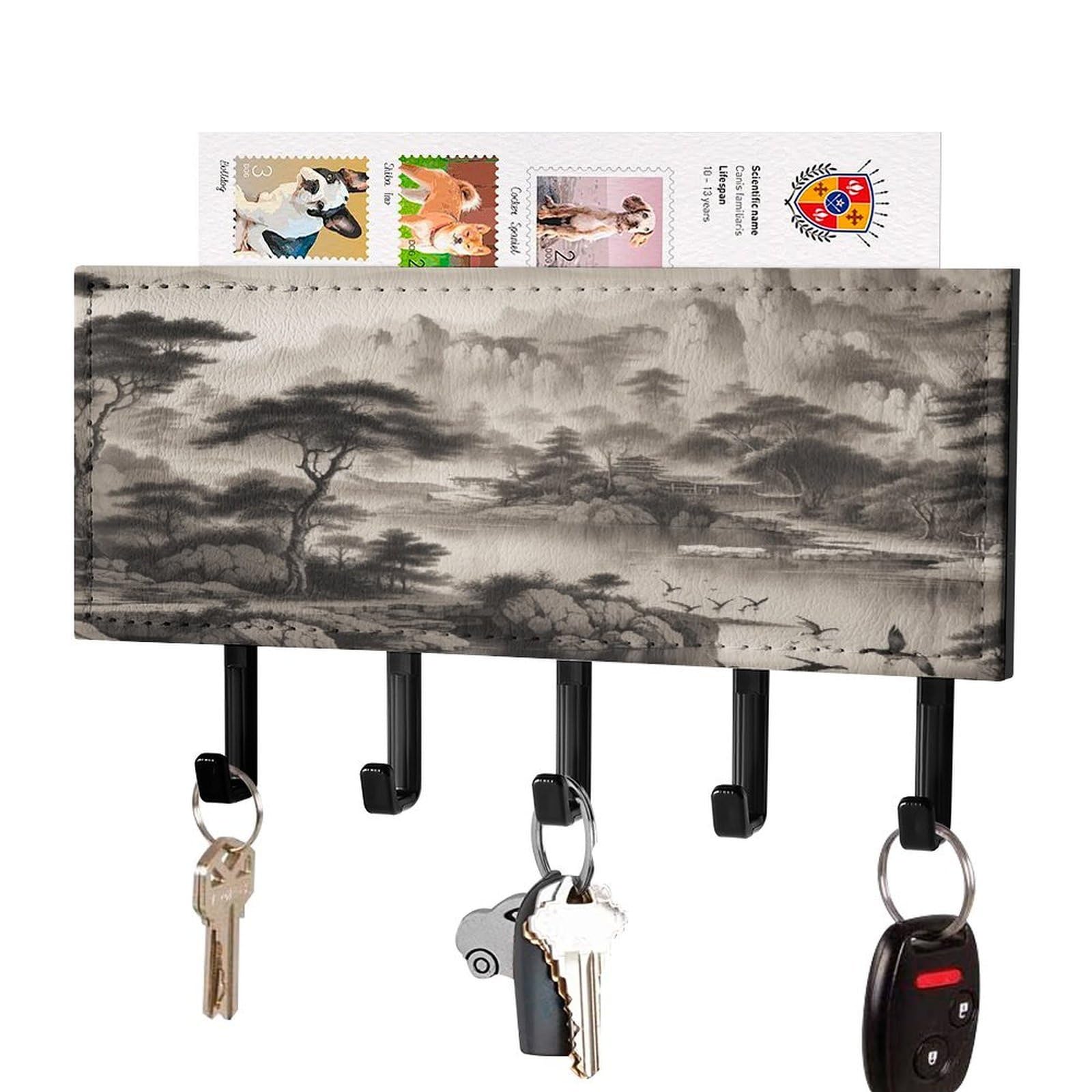 Fekiloot Black-Style Black And White Landscape Key Holder Wall Mount Key Hanger With 5 Hooks Decorative Key Rack Hanging Key Hooks With Mail Organizer Key Holder For Wall Living Room Kitchen Bathroom Hallway Black