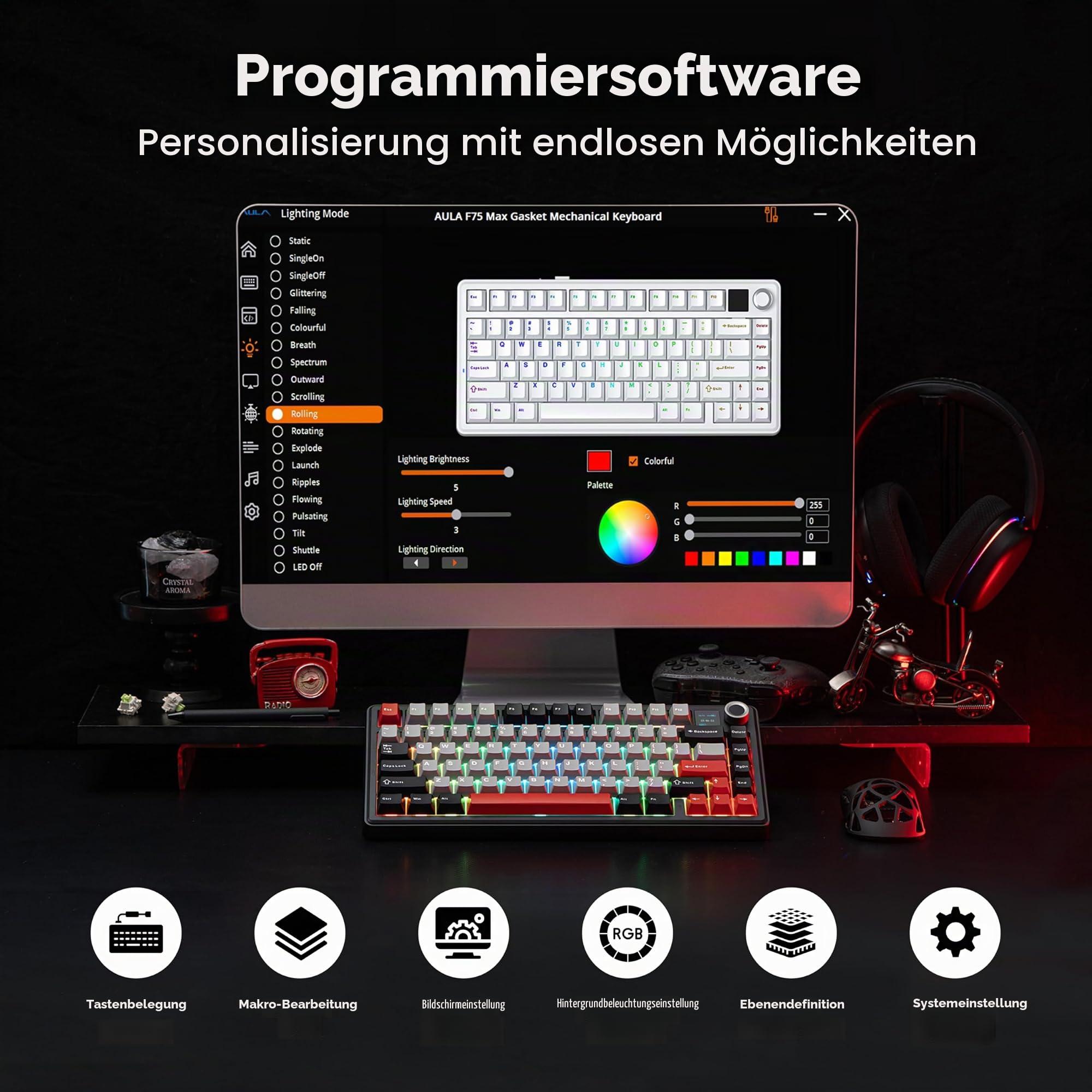 MechLands Aula F75 MAX Kabellose Gaming-Tastatur mit Display & Drehregler, 75% Hot-Swap-fähige Mechanische Tastatur mit Creamy Gasket, RGB, NKRO für Win/Mac/Linux (Schwarz Rot)