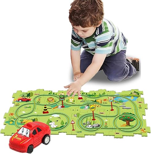 Miniatura 60 de Regalo de cumpleaños para niño de 4 años: set de pista de autos Puzzle Racer con mapa de carretera. Juguete de pista de autos y rompecabezas ideal