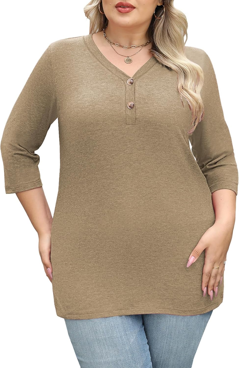 Plus Size Clothes 3/4 Length Sleeve Womens Tops Button Down Shirts Blouses Dressy Casual Loose Tunics L-4XL - Image 4