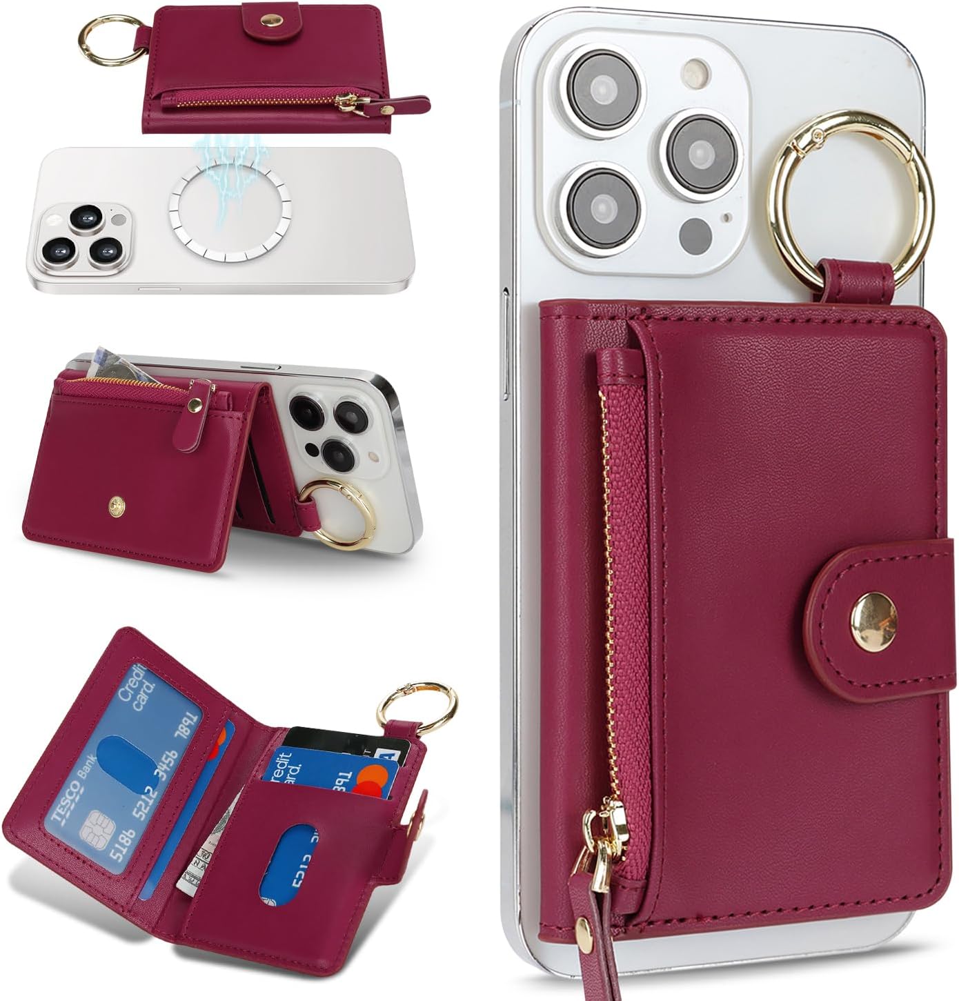 Cavor Compatible with MagSafe Wallet,Magnetic Wallet for iPhone 17/16 Pro Max/15 Pro/14 Plus/13/12 Series,for Mag Safe Phone Card Holder with Adjustable Stand, Zipper-Red - Image 8