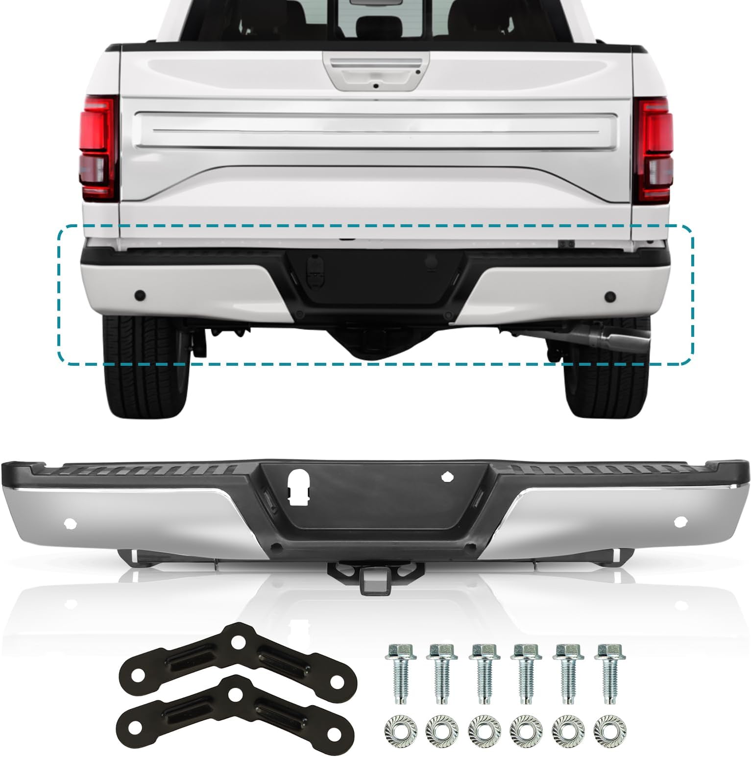 Steel Rear Bumper For 2009-2014 Ford F150 Styleside - Comes With Sensor Holes & Brackets