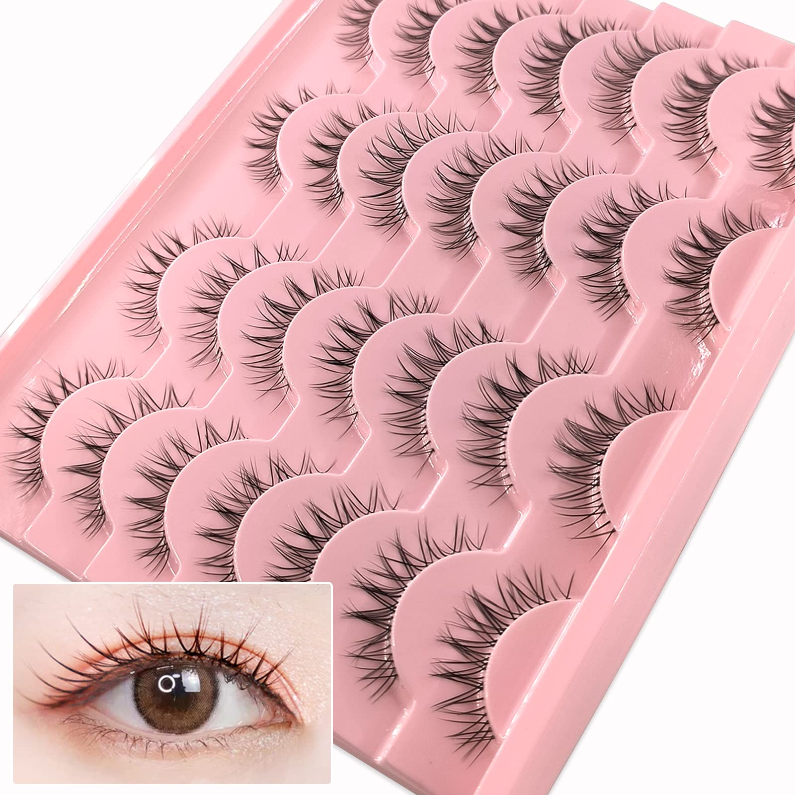 Manga Lashes Natural Look That Look Like Individual Clusters, Anime Short Japanese Spiky Doll False Eyelashes, 14 Pairs Wispy Korean Asian Cosplay Lashes with Clear Band Pack by Heracks(01)