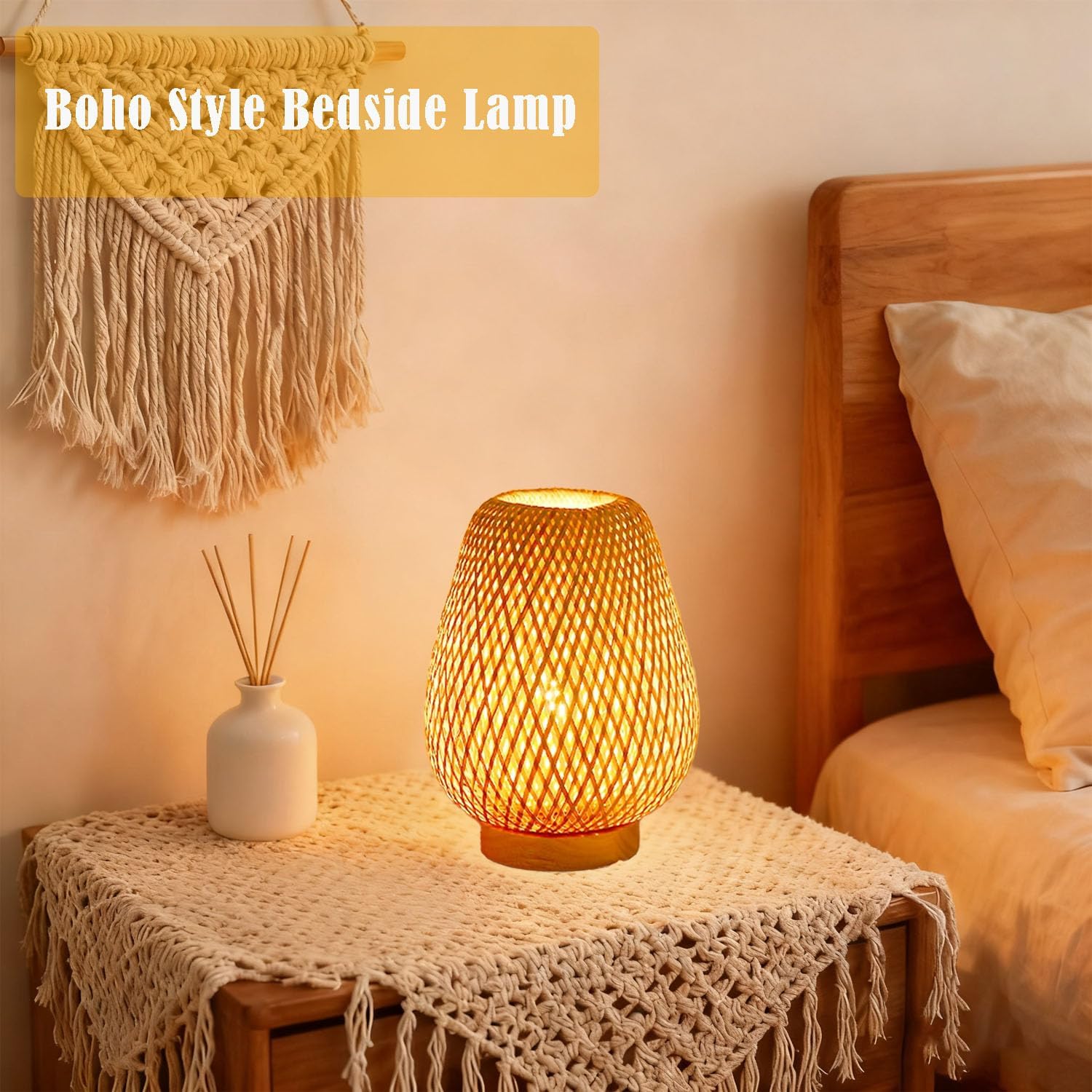 Boho Style Rattan Table Lamp,Dimmable Bamboo Desk Lamp,Yellow Bamboo