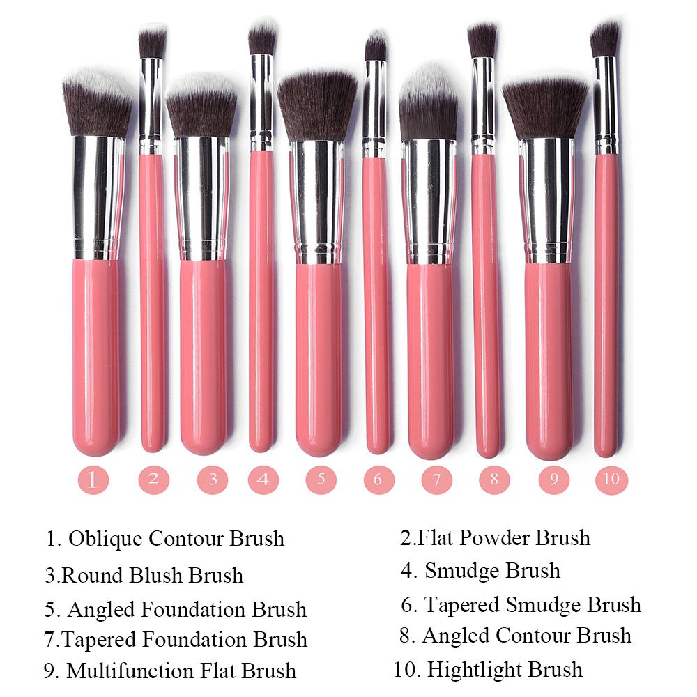 Annengjinprofessional Makeup Brush Set 10pcs Eyebrow Shadow Cosmetic Brush Tool Kit (Pink+silver)