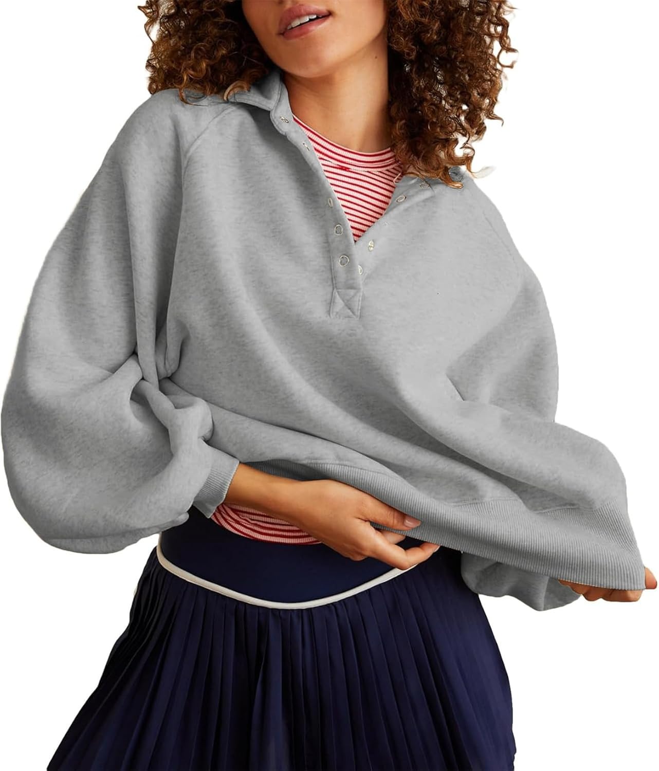 Women’s Oversized Sweatshirt Casual Loose V Neck Lantern sleeve Snap Collared Cropped Pullover Tunic Tops