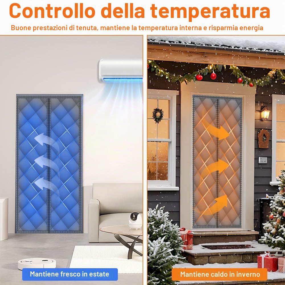 flintronic Tenda per Porta Inverno Termica, 140 * 240CM Tenda Termica Isolante Freddo, Resistenza al vento, Chiusura Automatica a Calamite per Balcone Soggiorno Cantina