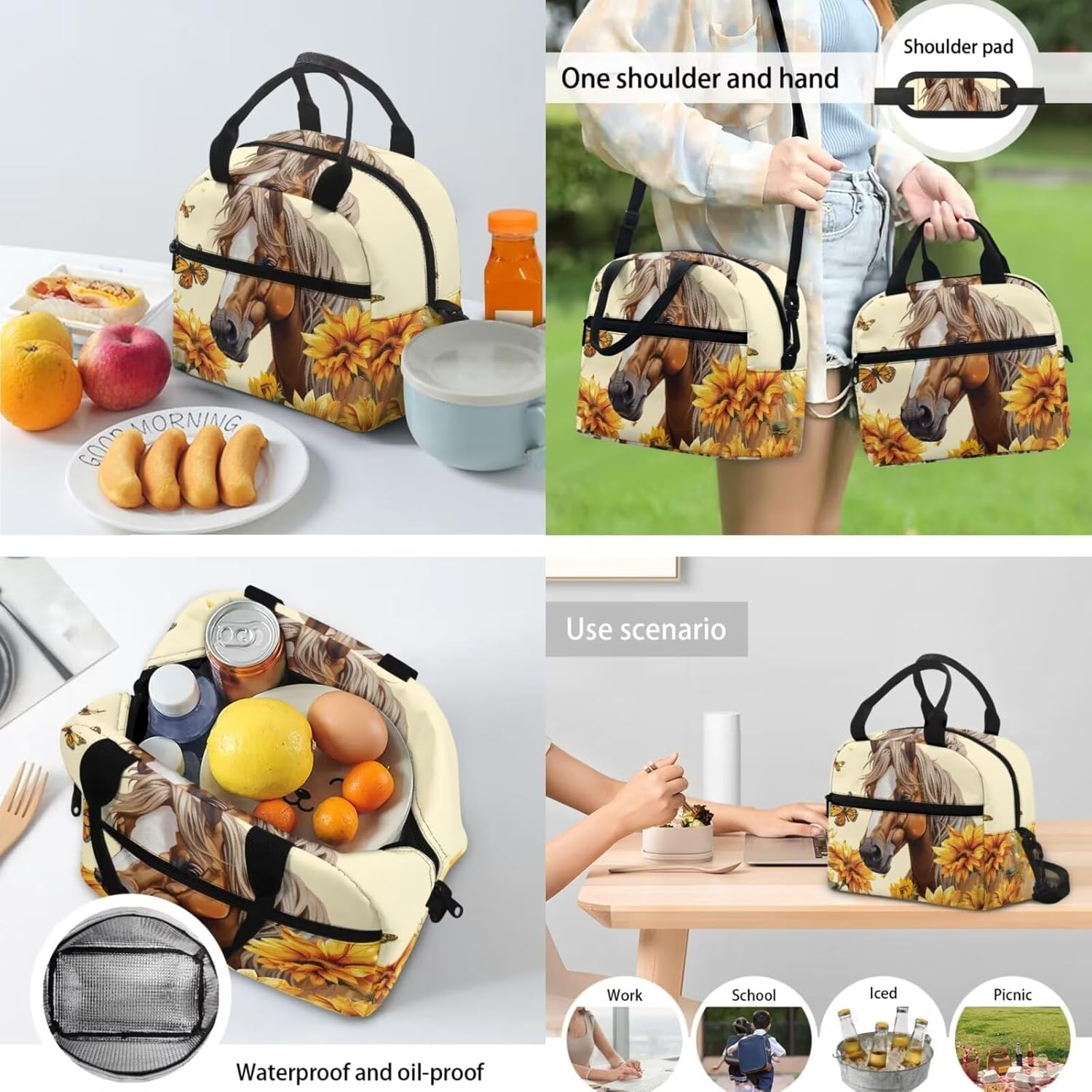 Horse Bookbags Sunflower School Backpack Laptop Schoolbag for Teens Girls Boys High School Kids Backpack with Lunch Box and Pencil Bag Set 3-in-1