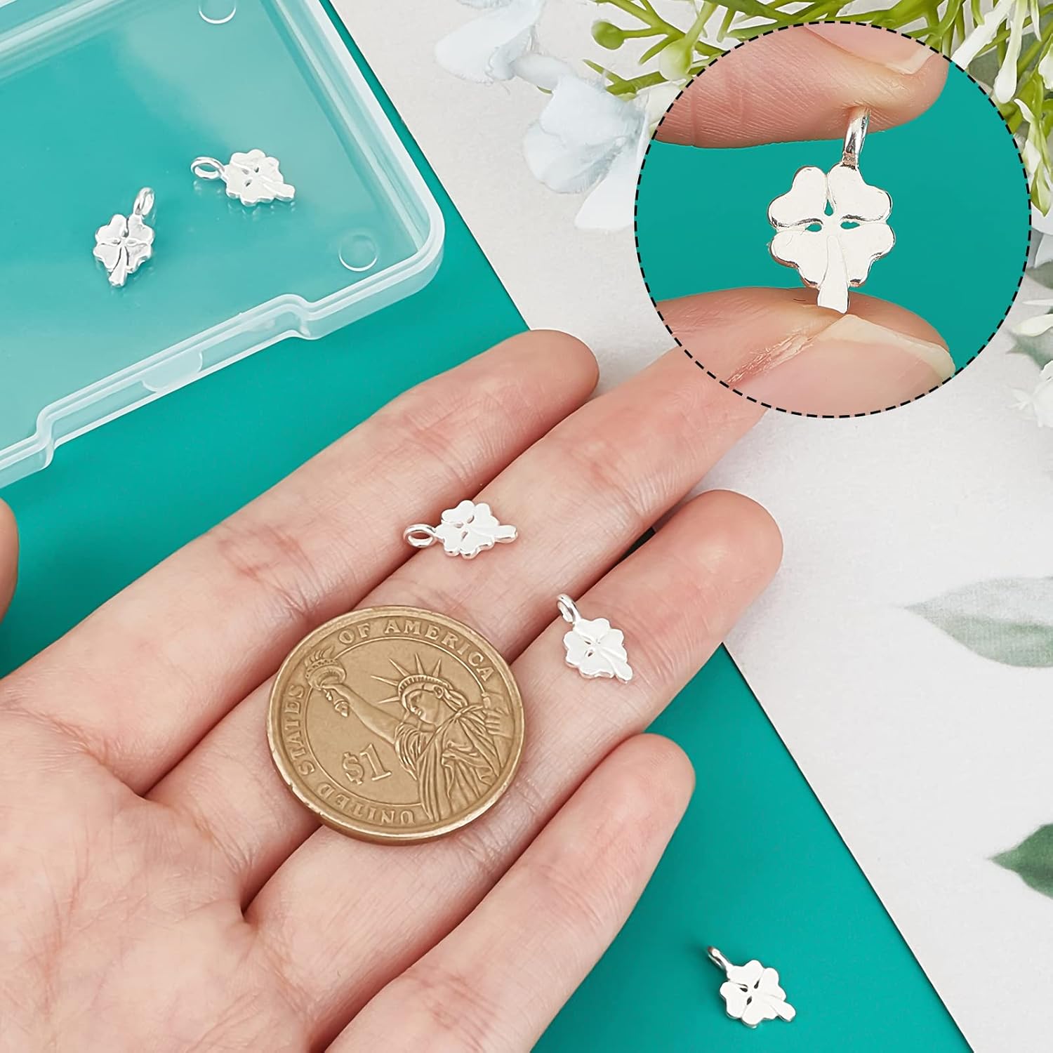 Beebeecraft 5Pcs/Box Four Leaf Clover Charms 925 Sterling Silver Good Luck Charm St. Patrick's Day Shamrock Charms Pendants for Earring Necklace Anklet Bracelet Crafting