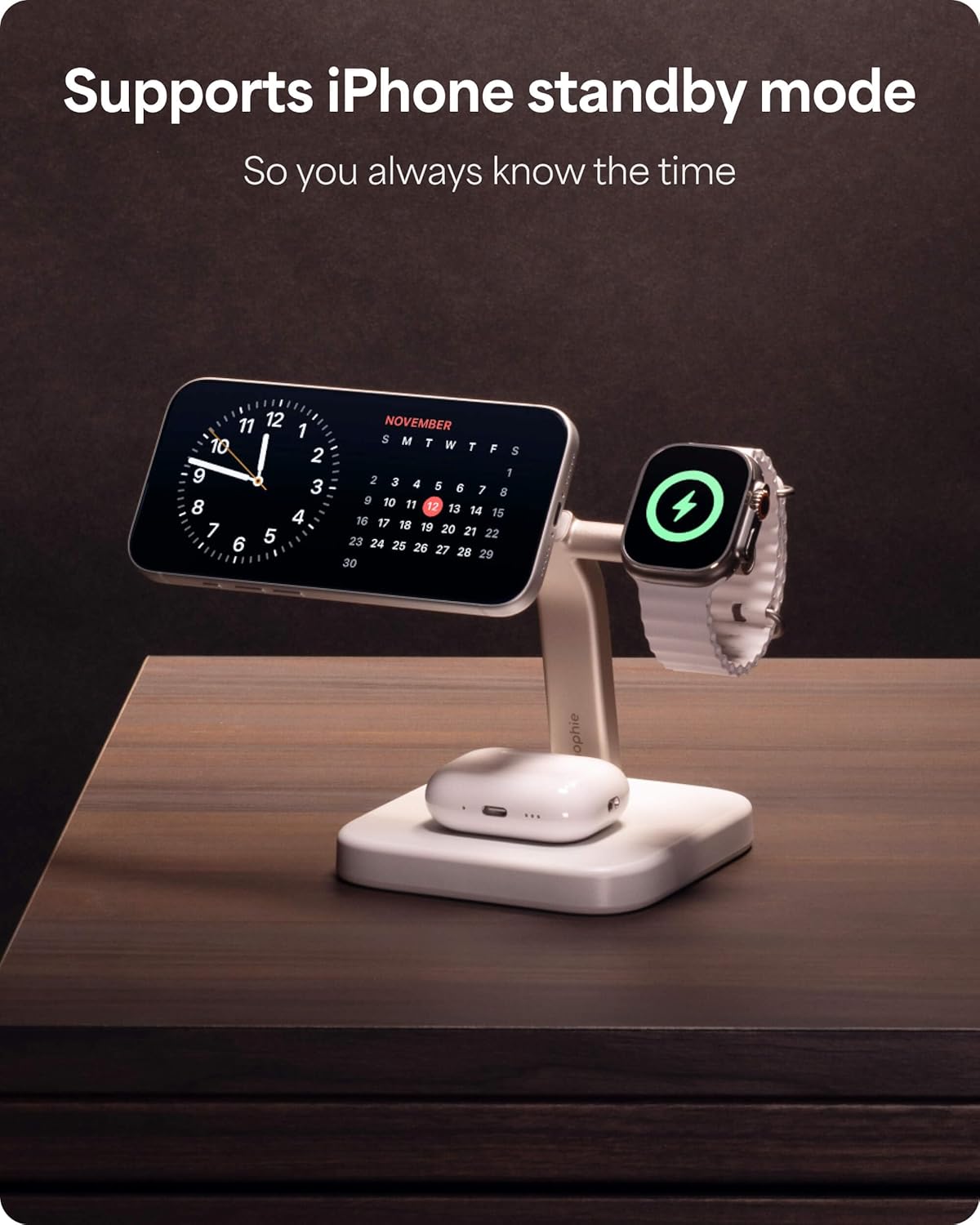 Mophie Wireless Charging Stand - Qi2-Certified, MagSafe Charger for iPhone – Magnetic Fast Wireless Charger with Adjustable Phone Stand & Cable Management – Up to 15W Power