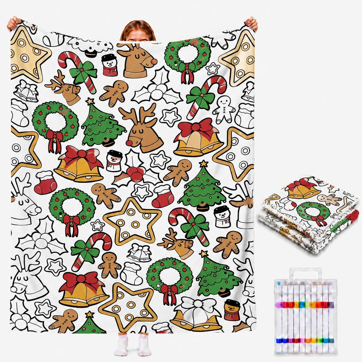 DIY Colouring Blanket for Adults with 24 Colour Markers, Colour Your Own Throw Blanket, Fun Creative Stress Relief Activity, Home Decor Perfect Birthday Gifts for Women Friends Family (Christmas Tree)